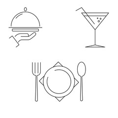 Set of line's icons for a restaurant or cafe. Glass, alcohol, cocktail, hand, tray, waiter, plate, spoon, fork