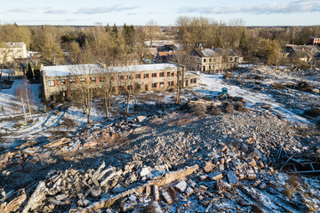Aerial view of abandoned Kuldiga town match factory and wood processing company Vulkans, Latvia.