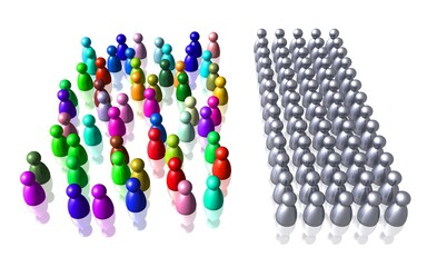 Konfrontation - eine bunte ungeordnete Menge trifft auf eine graue geordnete Menge