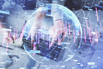 Double exposure of man and woman working together and forex graph hologram drawing. Financial analysis concept. Computer background. Top View.