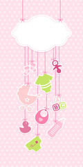 Schmale Karte Hängende Babysymbole Mädchen Unter Wolke Pink Grün Sterne