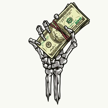 Skeleton hand holding dollar banknotes stack