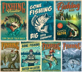 Gordijnen Fishing vintage posters set © DGIM studio