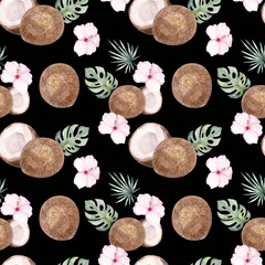 Watercolor illustration. Tropical seamless pattern on a black  background with coconut and tropical plants. Seamless design with coconut, palm, monster, hibiscus flower