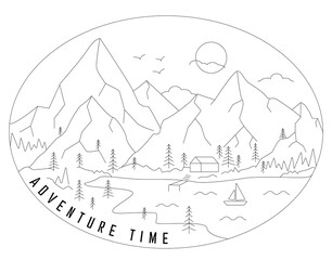 Nature line icon landscapes with mountains, fields, river and trees. Adventure time. Motivational and inspirational typography poster with quote. Vector illustration