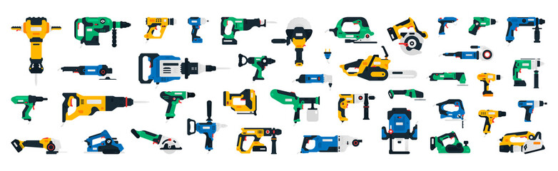 Large collection of construction power tools. Impact wrench, screwdriver, plane, chainsaw, jigsaw, cordless grinder, glue gun, riveter, dryer, jackhammer, rotary hammer drill cordless recip nailer
