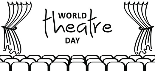 Slogan World theatre day. Theater stage with a curtain. Entertainment, Festival, theatre banner. Rows of cinema or theater seats. Empty movie theater auditorium. Flat vector