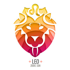 Witchcraft card with astrology Leo zodiac sign.  Lion logo design. Cut out paper art style design.