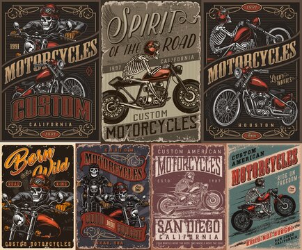 Custom motorcycle vintage colorful posters