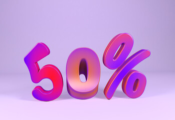 50% discount promotion set made of realistic numbers, Sale Discount Banner with color background, Fifty Percent 3D Rendering Image.