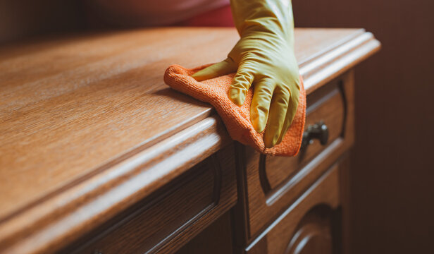 cleaning and maintenance of wooden furniture chair table with rag and cleaning agent