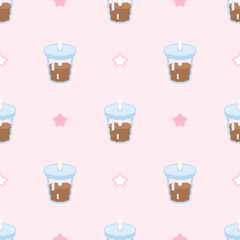 Cute pixel seamless pattern with coffee cup with straw. Funny repeat pink backdrop in 8 bit retro game style with coffee and stars. Funny cartoon pattern design for decoration, paper, wrap. Vector.