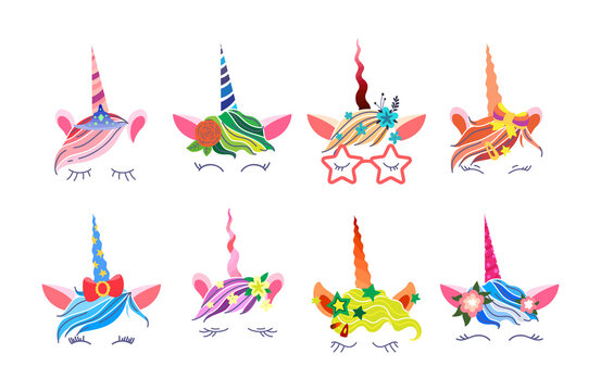 Unicorn face. Cute funny unicorn heads with flowers, glasses, bow, beautiful eyelashes. Braided magic horn pony. Hand drawn colorful set for kids flat vector
