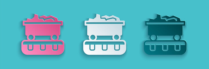 Paper cut Coal train wagon icon isolated on blue background. Rail transportation. Paper art style. Vector © Vadim