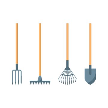 Shovel or spade, rake and pitchfork icons