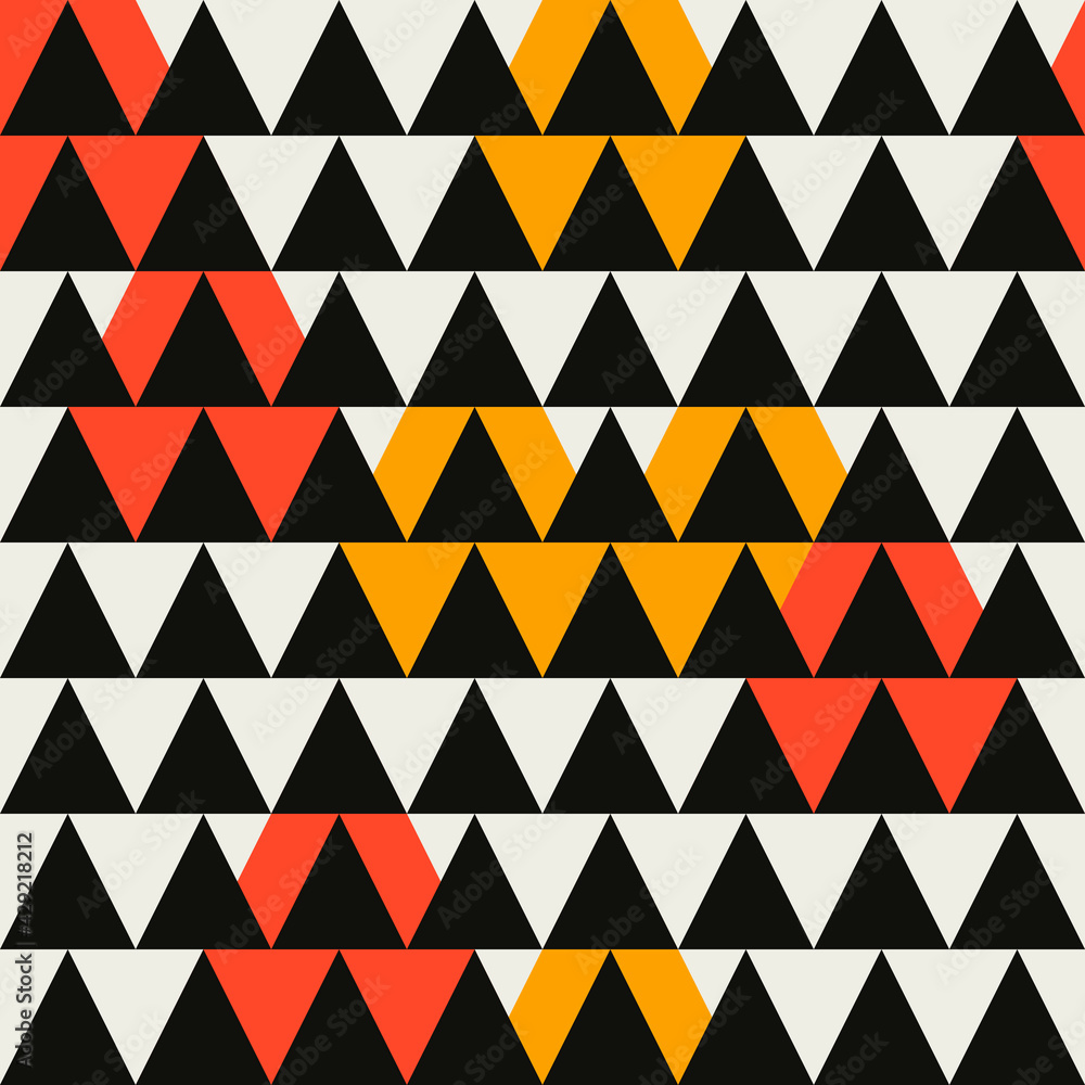 Poster seamless black triangles and abstract orange and yellow background. decorative triangles tile.