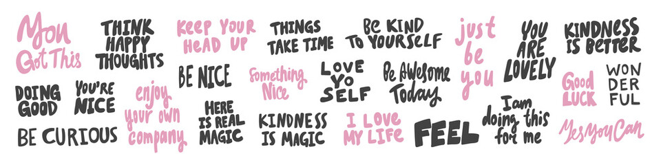 Vector hand drawn collection set of calligraphy lettering quotes and words. Pink and black color