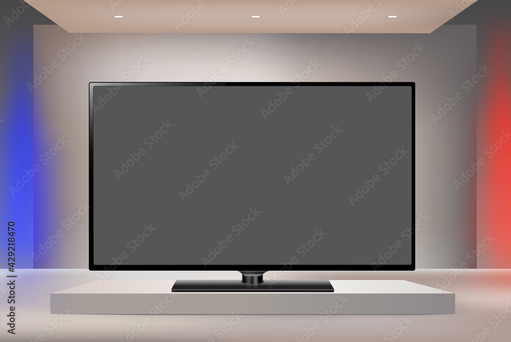 Poster next-generation smart led tv in the enlightening studio with gray space for text