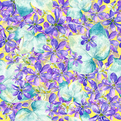 Fototapeta na wymiar Watercolor pattern of flowers and leaves of Hepatica