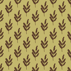 Vintage seamless doodle patter woth brown foliage ornament. Green pale olive background.