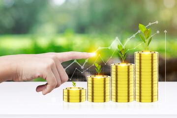 money coin for growing your business  people are using Stock chart innovative technology. Mixed media, digital smartphone and online concept. plant seedlings growth