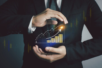 Business people are using Stock chart innovative technology. Mixed media, digital and online concept.