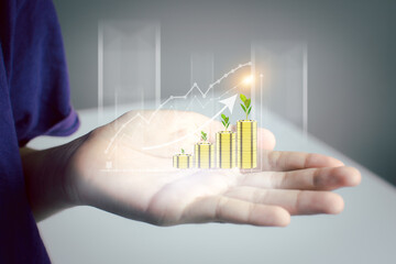 Business people are using Stock chart innovative technology. Mixed media, digital and online concept.