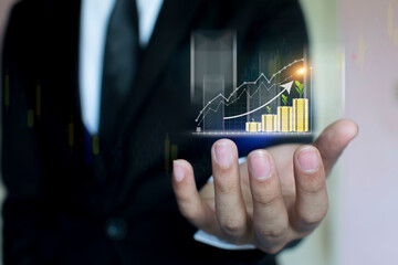 Business people are using Stock chart innovative technology. Mixed media, digital and online concept.