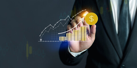 Business people are using Stock chart innovative technology. Mixed media, digital smartphone and online concept.