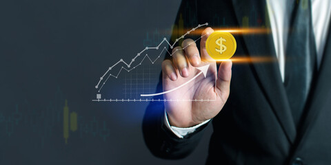 Business people are using Stock chart innovative technology. Mixed media, digital smartphone and online concept.