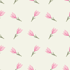 Fototapeta na wymiar Isolated floral seamless pattern in geometric style with pink flower elements shapes. White background.