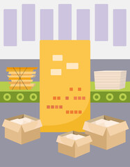 Items for recycling waste paper. Saving Earth. Recycle factory, machine, waste paper, manufacturing, strip. Boxes with paper. Paper Waste Recycling Technological Process. Conveyor.