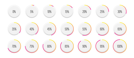 Set of circle percentage diagrams meters from 0 to 100 ready-to-use for web design, user interface UI or infographic with 3D concept - indicator with gradient from yellow to magenta hot pink