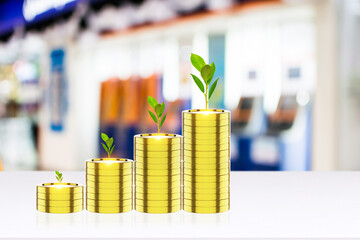 money coin for growing your business  people are using Stock chart innovative technology. Mixed media, digital smartphone and online concept. plant seedlings growth