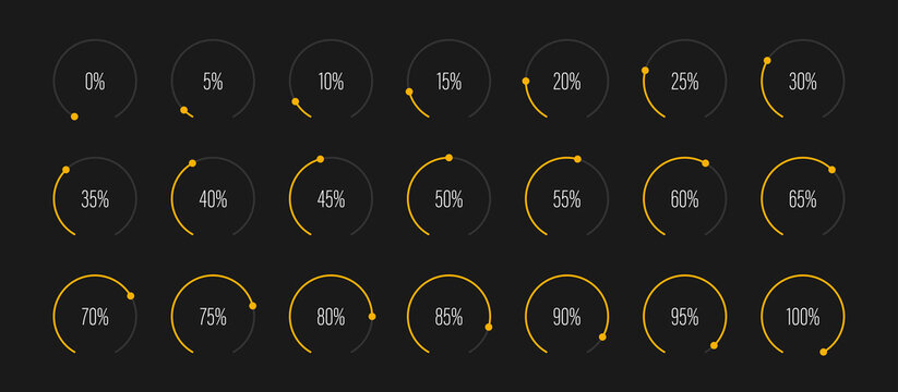 Set of arc percentage diagrams meters progress bar from 0 to 100 ready-to-use for web design, user interface UI or infographic - indicator with yellow