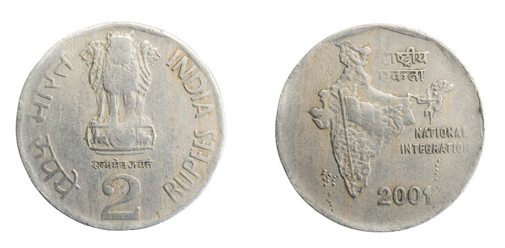India two rupees coin on a white isolated background
