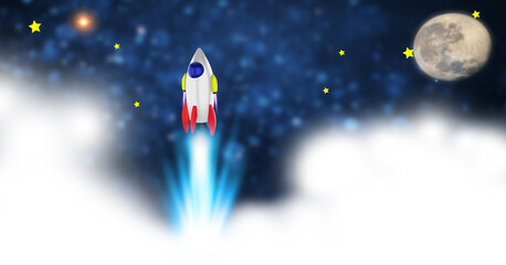 Space shuttle launch in the open space over the Earth. Ocean and sky under spaceship concept of business. . 3d rendering