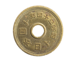 Japan five yen coin on white isolated background