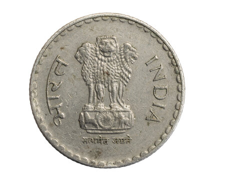 India five rupees coin on a white isolated background