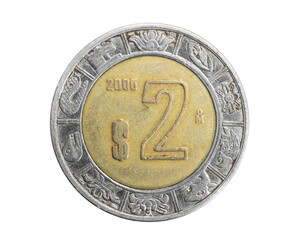 Mexico ​two pesos coin on a white isolated backgroun