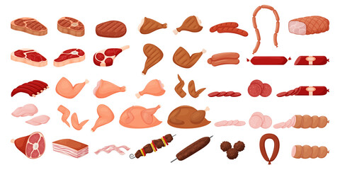 Large meat collection. Sausages, grilled chicken, raw meat, sausage cuts, pork, knuckle, ribs, chicken breast, shish kebab, meatballs. Set in a flat cartoon style. Isolated on white.