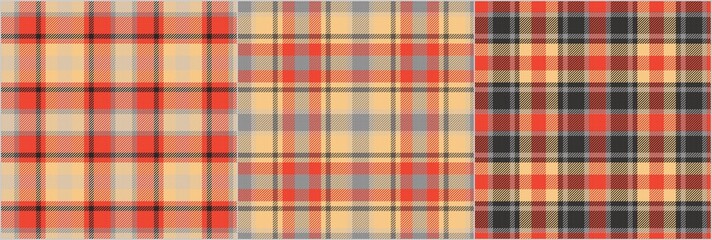 set of 3 fabric seamless textures red, black and pale yellow checkered stipes for plaid, gingham, tablecloths, shirts, tartan, clothes, dresses, bedding, blankets, costume