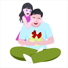 Happy father's day daughter closed her father's eyes by hands and surprise him with a gift box vector
