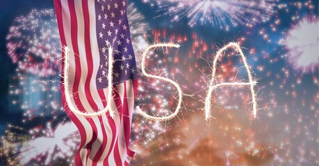 Composition of sparkling usa text over fireworks and american flag