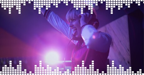 Composition on graphic music equalizer over smiling female dj playing music in club