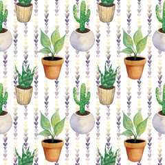 Hand drawn flower pots with green house plants on a striped white background. Seamless pattern. Fabric print and home decor textile design. Cute interior wallpaper. Hand drawn watercolor elements
