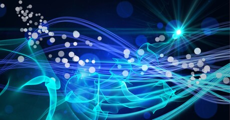 Composition of multiple white spots, glowing light and blue to green electric light trails