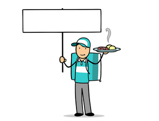 Lieferant von Essen Lieferservice hält leeres Schild hoch