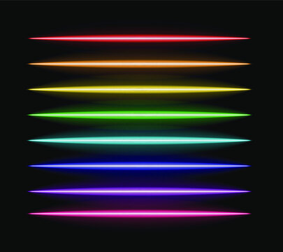 Vector neon brushes set, rainbow colored lines, neon light tubes, long lines.
