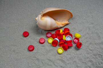 Seashell with plastic bottle plugs